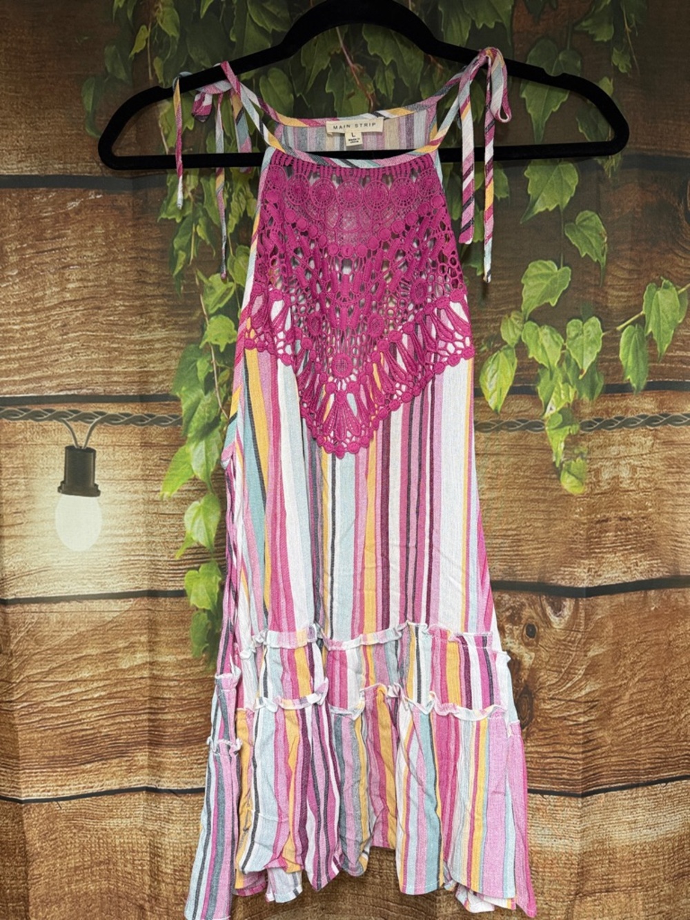 EUC Main Strip Pink Crochet Yoke Striped Tank